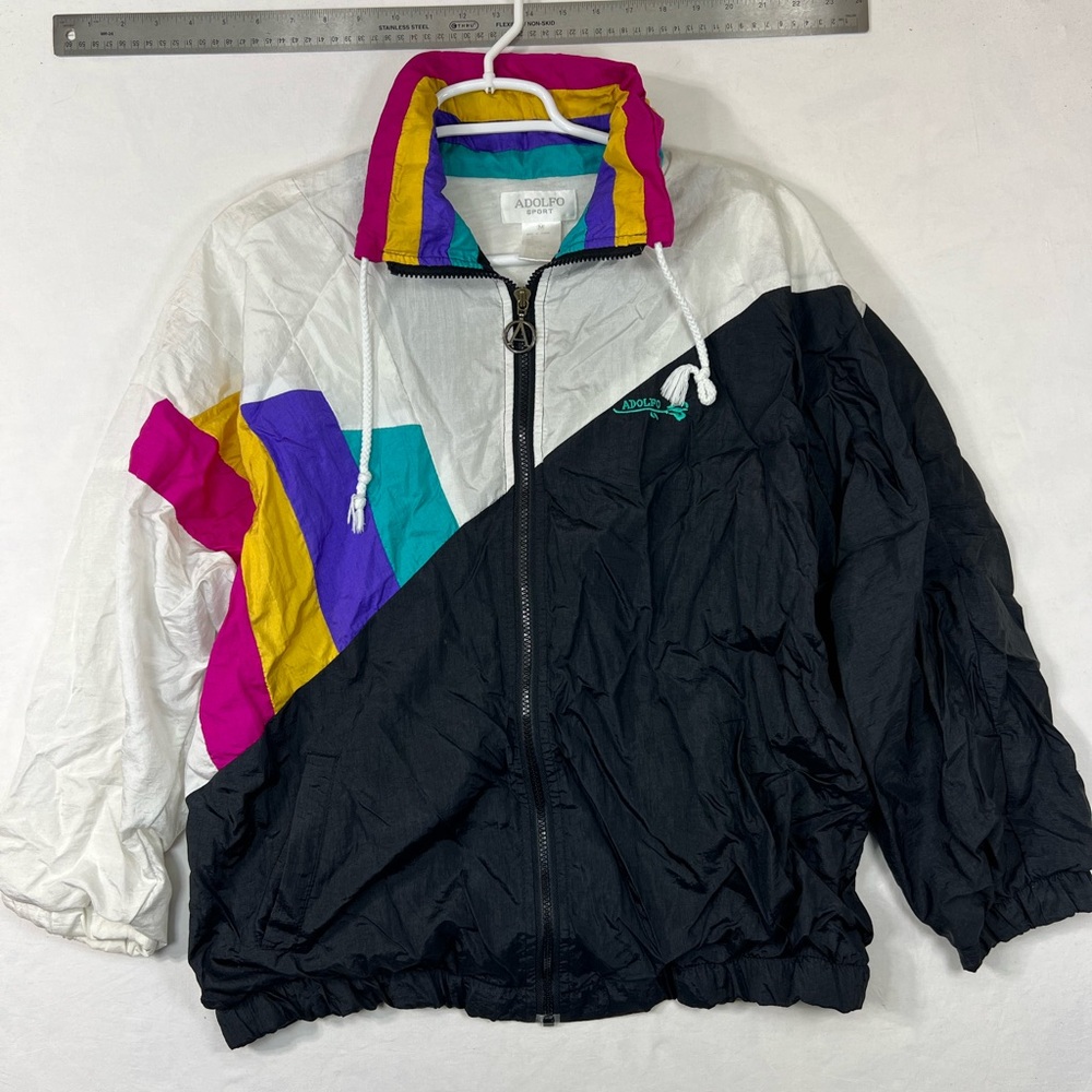 Vintage 80s Adolfo Sport Color Block Collared Zip Up Windbreaker Jacket